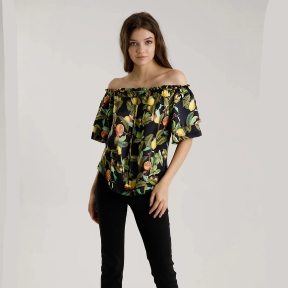 Hale Bob Women's Black Lemon Fruit Print Off Shoulder Silk Blend Shirt Size XS. - Picture 1 of 10